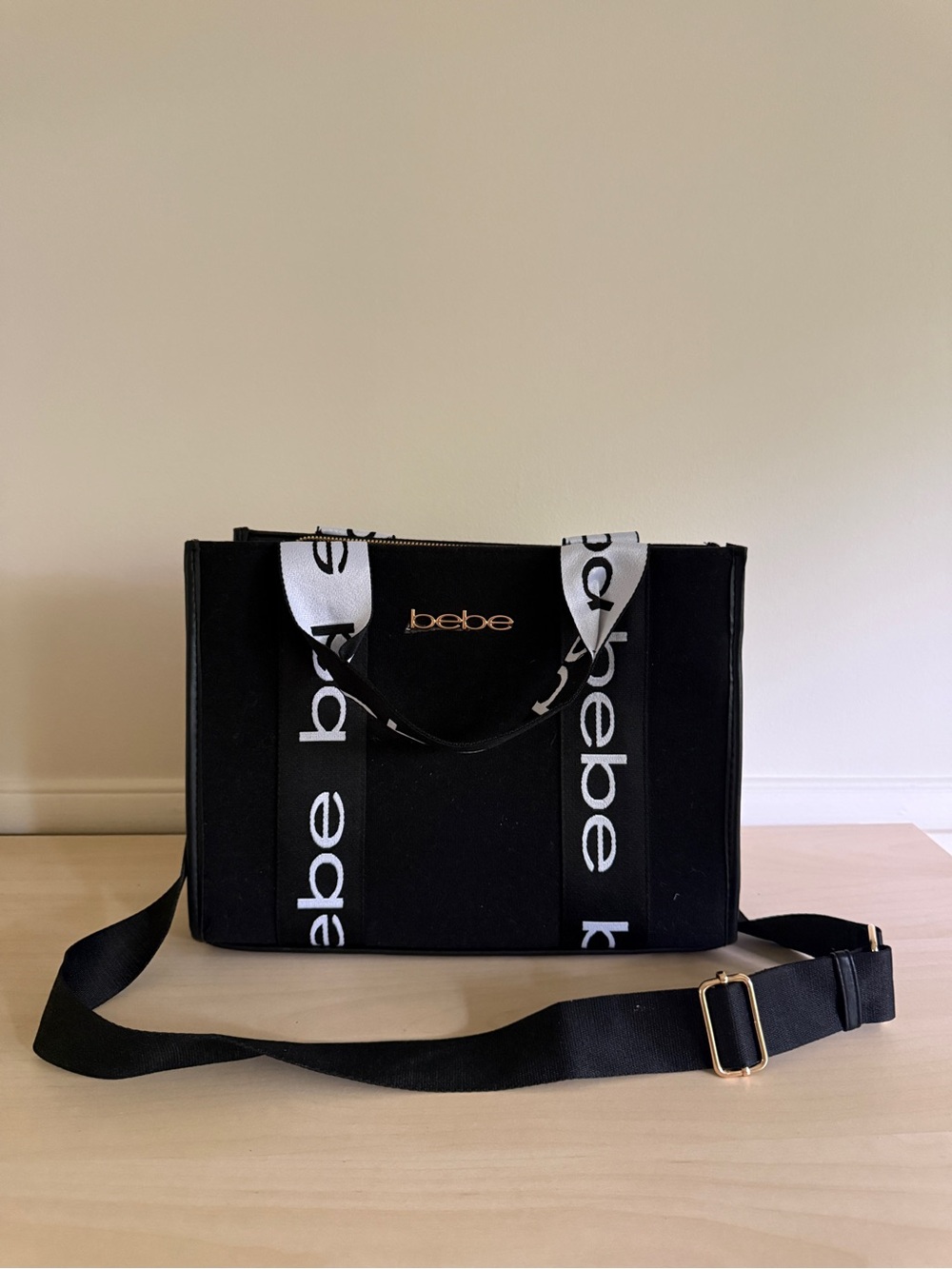 BEBE Hana Satchel Canvas Logo Double Handle Satchel Crossbody Zip Top Purse NEW